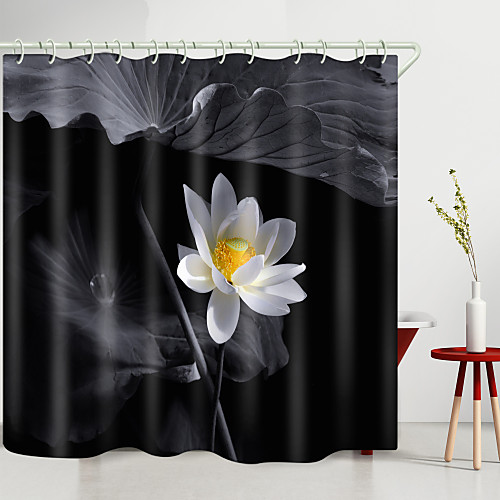 

Grey Lotus Leaf White Lotus Digital Printing Shower Curtain Shower Curtains Hooks Modern Polyester New Design