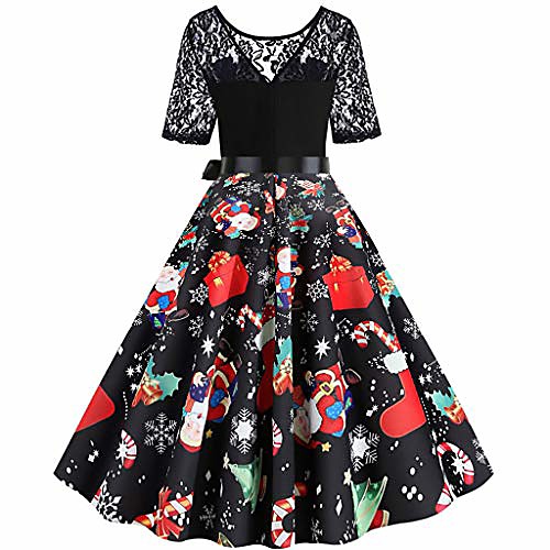 

e-scenery 2019 women vintage lace patchwork print dress christmas musical notes flare dresses