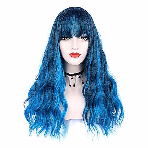 

blue wig with bangs long wavy wigs natural looking curly wigs heat resistant wigs for women daily party use 22