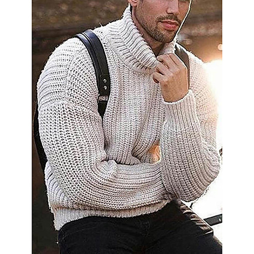 

Men's Knitted Solid Color Pullover Long Sleeve Sweater Cardigans Turtleneck Fall Winter Beige