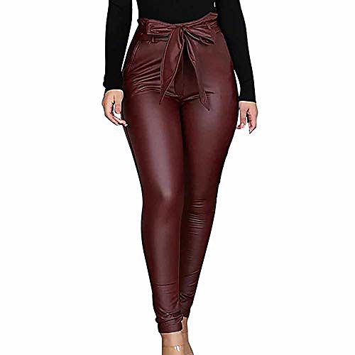 

women leggings leather high waist stretchy skinny pencil trousers with bowknot belt (s, wine red)