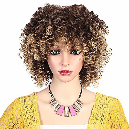 

ombre brown short kinky curly ladies wigs realistic looking heat resistant synthetic fiber full cosplay hair replacement wigs for women with free wig cap 10inch