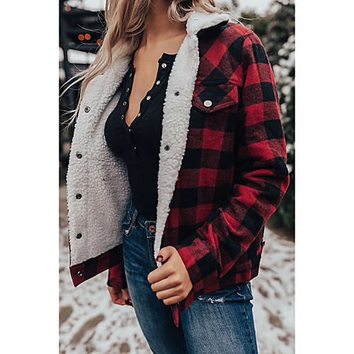 

Women's Plaid Fur Trim Streetwear Fall & Winter Jacket Regular Going out Long Sleeve Cotton Blend Coat Tops Red