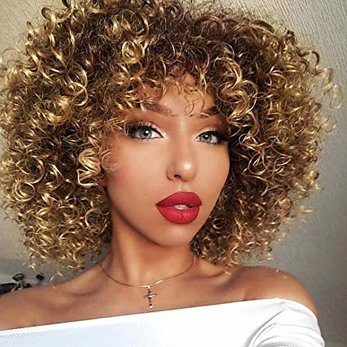 

short curly afro wigs for black women afro kinky curly hair wig with bangs synthetic soft heat resistant full curly wigs