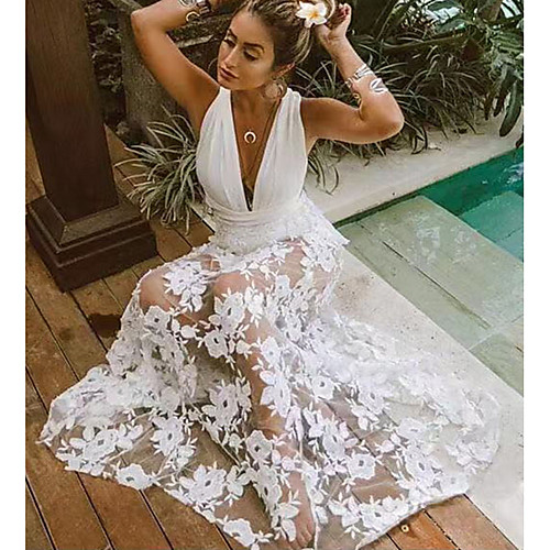 

Women's Chiffon Dress Maxi long Dress White Sleeveless Floral Lace Fall V Neck Elegant Casual 2021 S M L XL