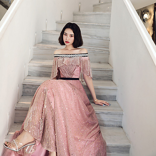 

A-Line Empire Elegant Wedding Guest Prom Dress Off Shoulder Half Sleeve Floor Length Chiffon with Sequin Lace Insert 2021