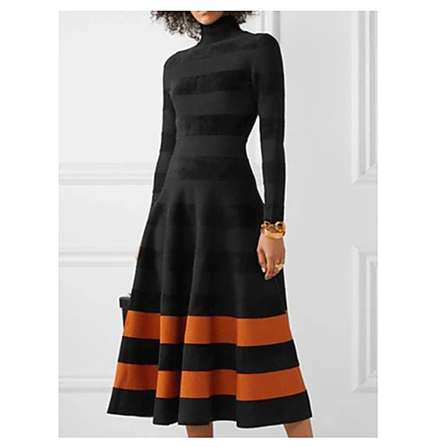 

Women's Swing Dress Midi Dress Black Long Sleeve Color Block Patchwork Print Fall Winter Turtleneck Vintage 2021 S M L XL XXL 3XL 4XL