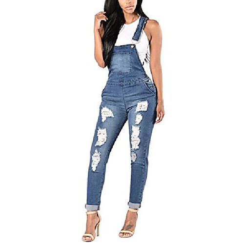 

women's blue denim stretch jeans destroy skinny ripped distressed straps bodysuit jumpsuits romper with pocket