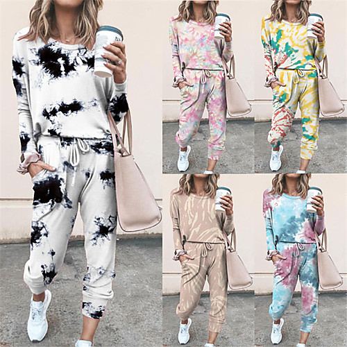 

Women's 2 Piece Set Tie Dye Lace up Crew Neck Color Block Sport Athleisure Clothing Suit Long Sleeve Breathable Warm Comfortable Running Everyday Use Casual Daily Outdoor / 2pcs / pack