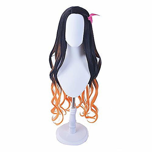 

long wavy black and orange wig with gag ribbon fangs for women and girls (kamado nezuko)