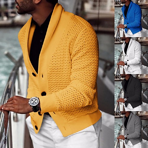

Men's Knitted Solid Color Cardigan Long Sleeve Sweater Cardigans Shirt Collar Fall Winter White Black Blue