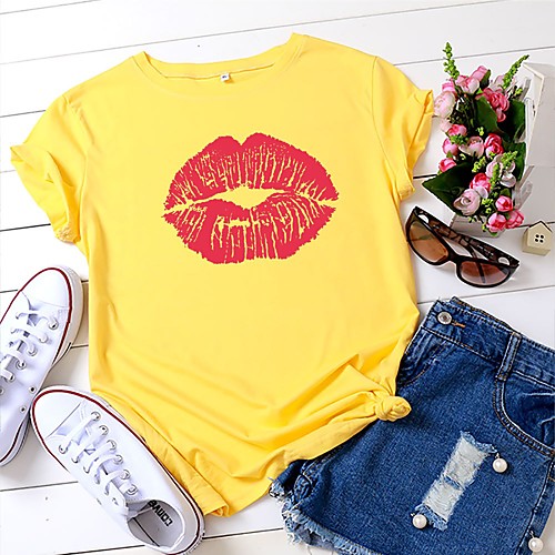 

Women's T shirt Graphic Prints Print Round Neck Tops 100% Cotton Basic Basic Top White Black Yellow