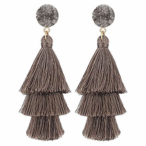

grey tassel earrings with druzy stud thread layered tiered fringe linear drop dangle fashion bohemian earrings for women girls