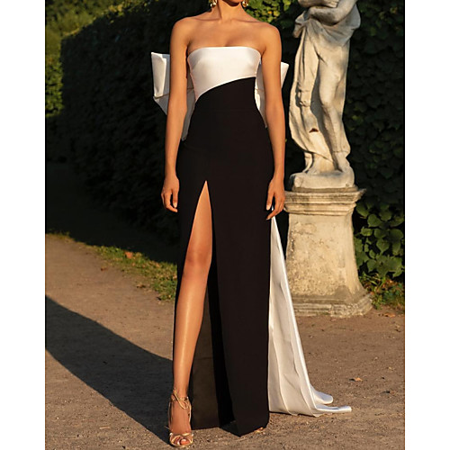 

Sheath / Column Minimalist Sexy Engagement Formal Evening Dress Strapless Sleeveless Sweep / Brush Train Satin with Split 2021