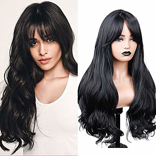 

long wavy wigs with bangs black synthetic wigs middle part heat resistant fiber natural looking party cosplay full wigs for women girls