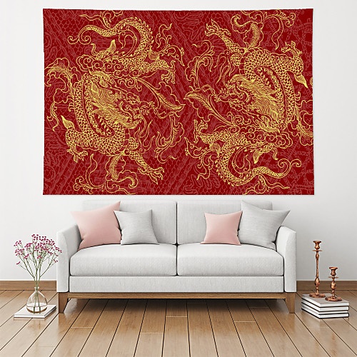 

Chinese Style Wall Tapestry Art Decor Blanket Curtain Picnic Table Cloth Hanging Home Bedroom Living Room Decoration Polyester Red Double Dragon