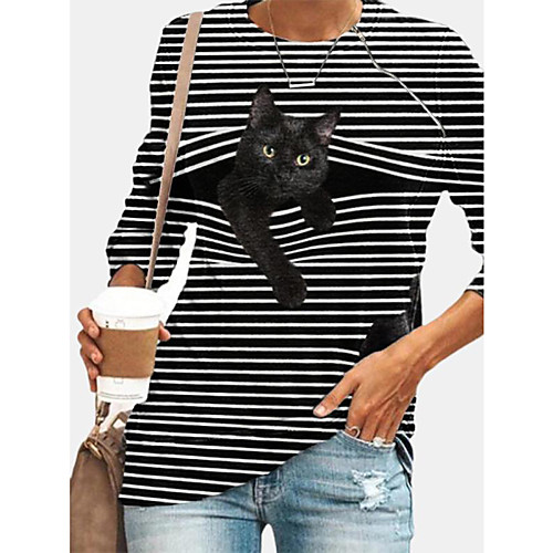 

Women's T shirt Animal Long Sleeve Print Round Neck Tops Beach Basic Top White Black