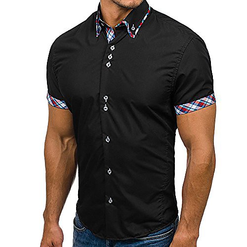 

men's summer tops button double collar slim fit patchwork tees short sleeved shirt blouse black