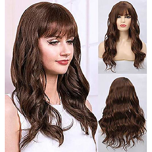 

long curly brown wavy wigs for women synthetic heat resistant halloween cosplay hair full wigs with bangs
