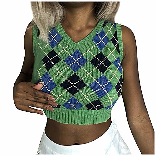 

womens plaid knitted tank top knitwear preppy style casual v-neck vest sweater