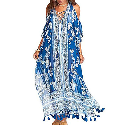 

women's print turkish kaftans chiffon caftan loungewear beachwear bikini swimsuit cover up dress (blue c)