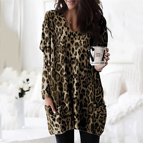 

Women's T Shirt Dress Tee Dress Knee Length Dress Green Brown Gray Long Sleeve Leopard Fall Spring 1920s Casual 2021 S M L XL XXL 3XL 4XL 5XL