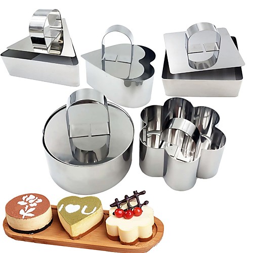 

5pcs Mousse Cake Ring Mold Set Stainless Steel Dessert Mousse Mold with Pusher Cooking Rings For Fluffy Pancakes Rice Salad
