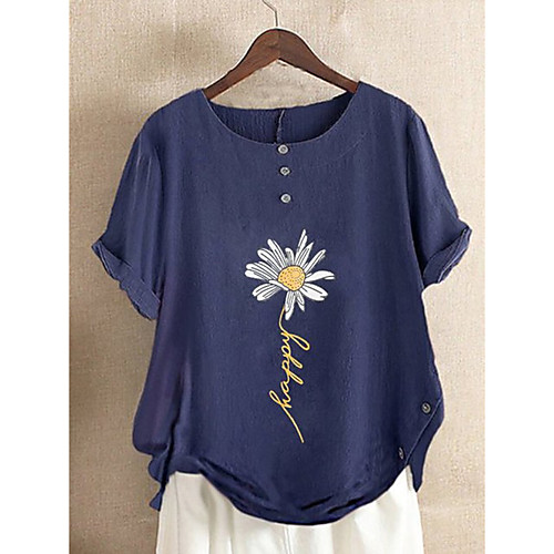 

Women's T-shirt Floral Long Sleeve Print Round Neck Tops Basic Basic Top Navy Blue