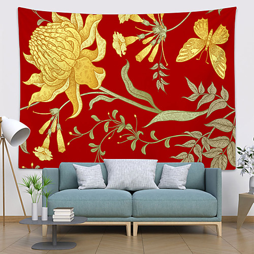 

Wall Tapestry Art Decor Blanket Curtain Picnic Tablecloth Hanging Home Bedroom Living Room Dorm Decoration Polyester Golden Chrysanthemum Red Background Beautiful Green Leaves