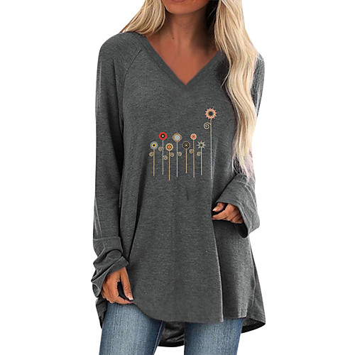 

Women's T shirt Dress Tunic Blouse Floral Long Sleeve Patchwork Print V Neck Tops Cotton Basic Basic Top Black Wine Army Green