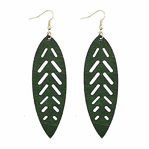 

dangle natural wood teardrop geometric circle earrings stainless steel stud bohemia retro earrings for women girls (green-leaves)
