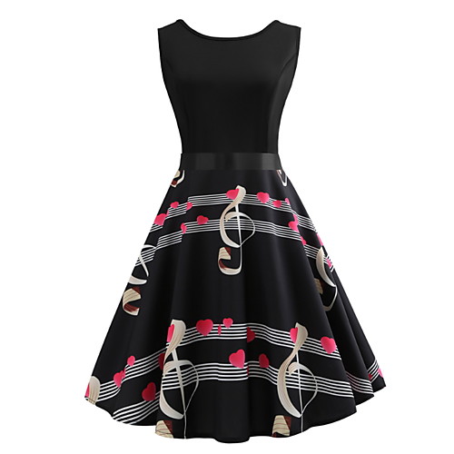 

Women's Swing Dress Knee Length Dress Black Sleeveless Print Color Block Print Fall Round Neck Elegant Vintage Christmas 2021 S M L XL