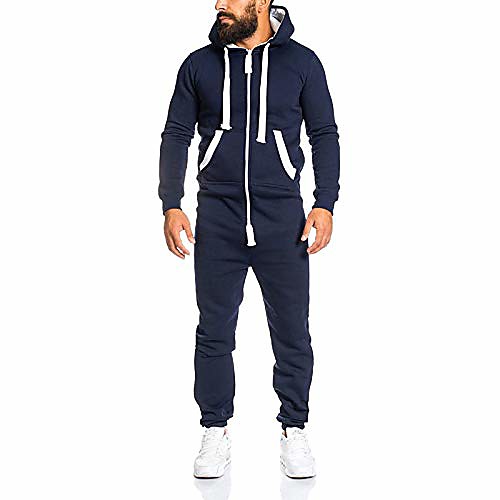 

mens jumpsuit drawtsring hooded zip up one piece tracksuit with pockets (navy blue, medium)
