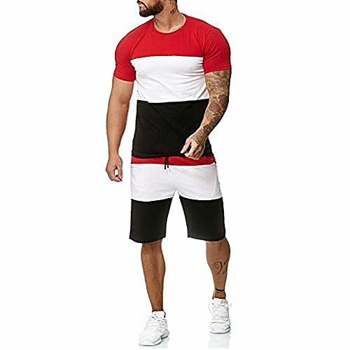 

striped patchwork jogging sets for men,short sleeve topsdrawsting short pants sports suit tracksuit sweat suits by leegor red