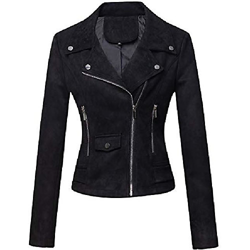 

women's faux suede leather notched lapel collar short moto biker jacket coat(black-m)