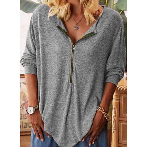

Women's Blouse Shirt Plain Long Sleeve Patchwork Zip Up V Neck Tops Basic Top Black Blue Purple