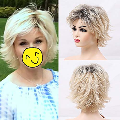 

short blonde layered synthetic hair wigs for women mixed black roots