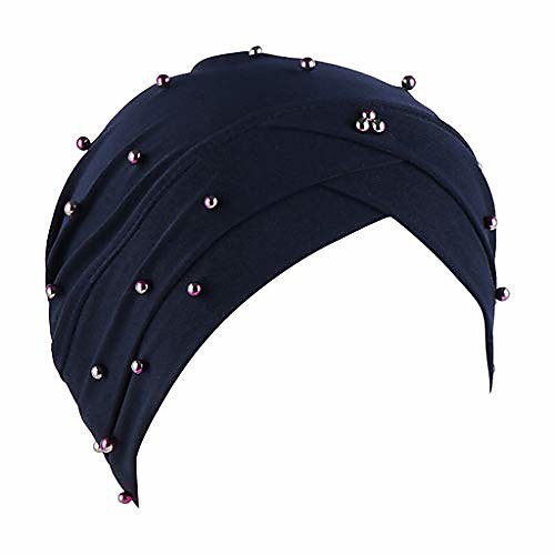 

women solid beading india hat muslim ruffle cancer chemo beanie turban wrap cap(navy)