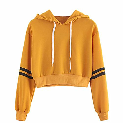 

2018 new, women's fashion tops varsity-striped drawstring crop sweatshirt jumper crop pullover blouse with hooded (s, yellow)