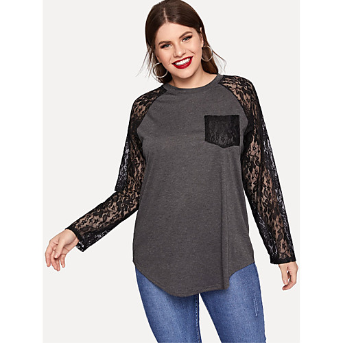

Women's Plus Size Blouse Shirt Color Block Plain Long Sleeve Lace Pocket Patchwork Round Neck Tops Elegant Basic Top Black