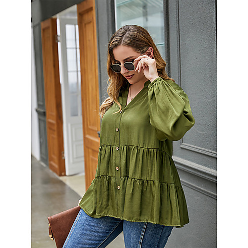 

Women's Plus Size Blouse Shirt Plain Long Sleeve Standing Collar Tops Basic Top Army Green