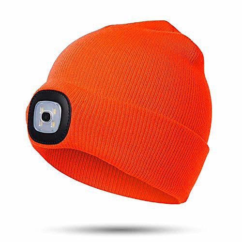 

unisex led beanie hat with light,gifts for kids boys and girls children usb rechargeable hands free 4 led headlamp cap (orange)