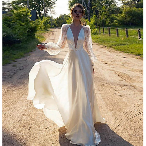 

Women's Swing Dress Maxi long Dress White Long Sleeve Solid Color Lace Fall V Neck Elegant Casual 2021 S M L XL XXL