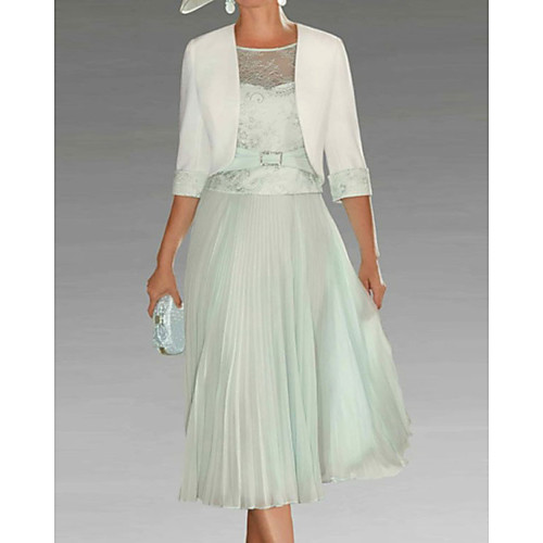 

A-Line Mother of the Bride Dress Plus Size Elegant Jewel Neck Tea Length Chiffon Lace 3/4 Length Sleeve with Lace 2021