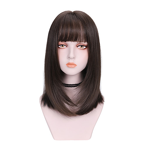

Synthetic Wig kinky Straight With Bangs Wig Medium Length Brown Black Synthetic Hair 14 inch Women's Soft Fluffy Black Brown