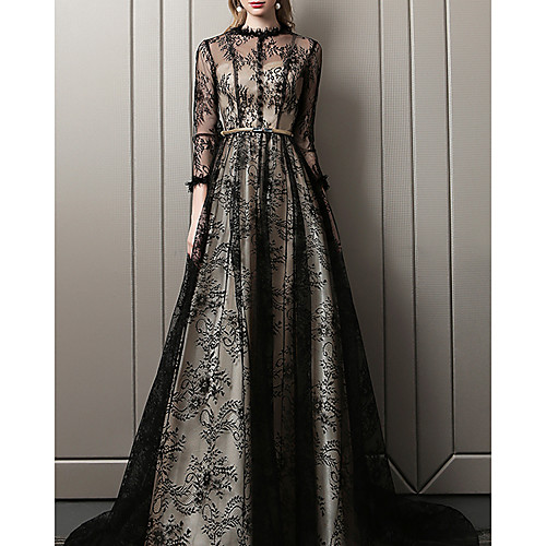 

A-Line Cut Out Formal Evening Dress Jewel Neck 3/4 Length Sleeve Sweep / Brush Train Lace with Pattern / Print 2021