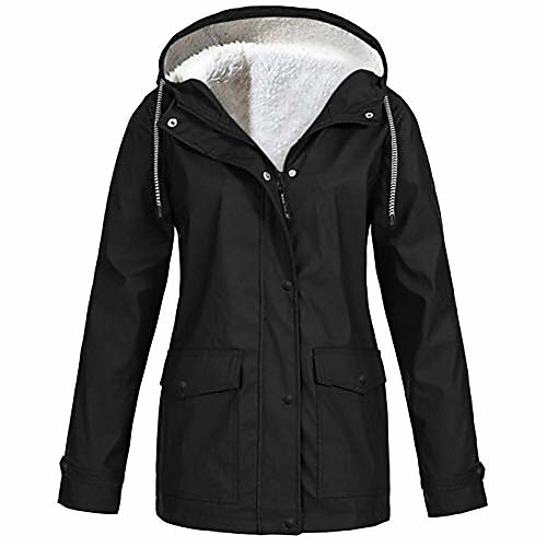 

women winter warm coat solid plush thickening jacket outdoor plus size hooded raincoat windproof outwear black