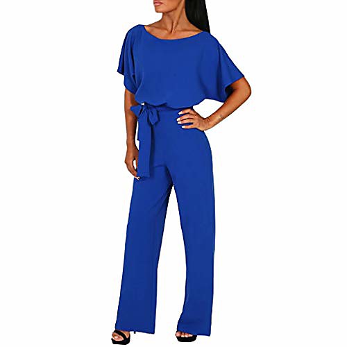 

aihihe wide leg jumpsuits for women elegant casual loose short sleeve belted wide leg pant romper jumpsuits blue