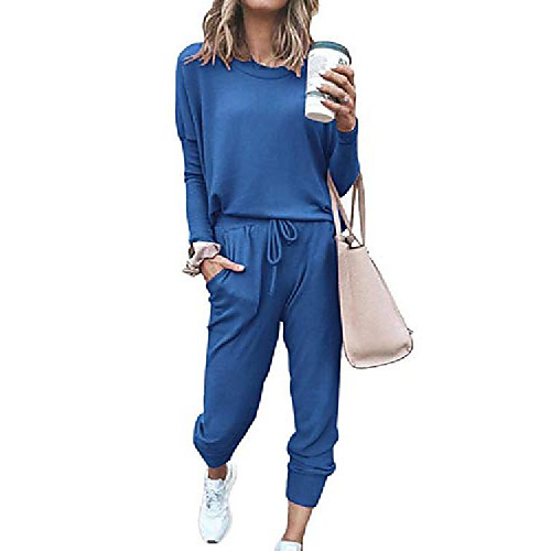 

women 2 piece loungewear set crewneck long sleeve shirt pocket pant sweatsuit blue l
