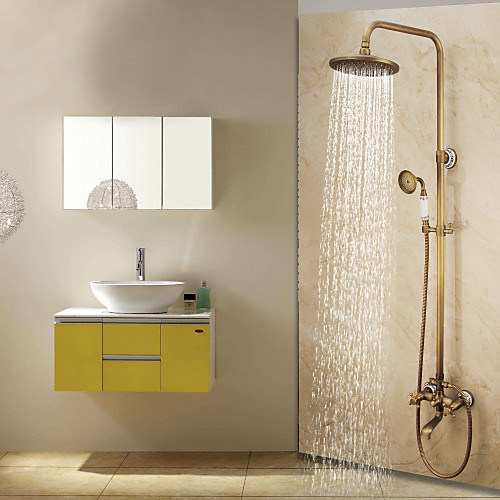

Shower System Set - Handshower Included pullout Waterfall Vintage Style / Country Antique Brass Mount Outside Ceramic Valve Bath Shower Mixer Taps